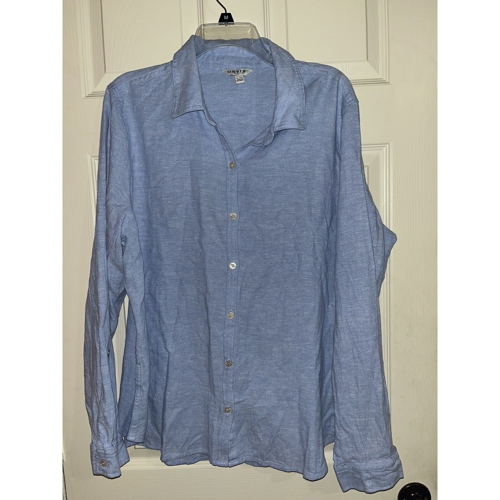 Orvis Button Up Shirt Womens Size‎ Medium Linen Blend Blue Long Sleeve Xl